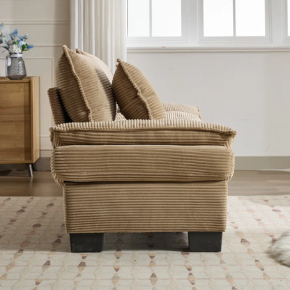 84-inch taupe corduroy loveseat with striped upholstery, pillow-top arms, and two accent pillows—neutral, low-profile design perfect for modern, minimalist, or transitional interiors.

