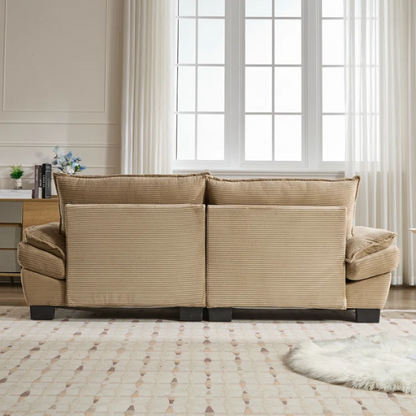 84-inch taupe corduroy loveseat with striped upholstery, pillow-top arms, and two accent pillows—neutral, low-profile design perfect for modern, minimalist, or transitional interiors.

