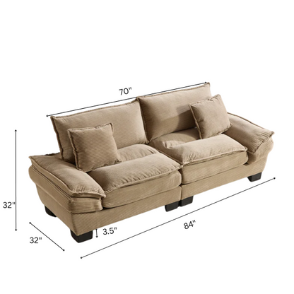 84-inch taupe corduroy loveseat with striped upholstery, pillow-top arms, and two accent pillows—neutral, low-profile design perfect for modern, minimalist, or transitional interiors.

