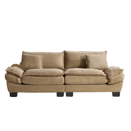 84-inch taupe corduroy loveseat with striped upholstery, pillow-top arms, and two accent pillows—neutral, low-profile design perfect for modern, minimalist, or transitional interiors.

