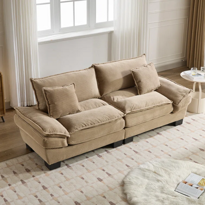 84-inch taupe corduroy loveseat with striped upholstery, pillow-top arms, and two accent pillows—neutral, low-profile design perfect for modern, minimalist, or transitional interiors.

