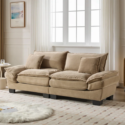 84-inch taupe corduroy loveseat with striped upholstery, pillow-top arms, and two accent pillows—neutral, low-profile design perfect for modern, minimalist, or transitional interiors.

