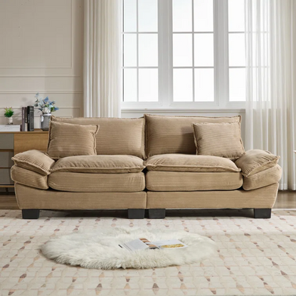 84-inch taupe corduroy loveseat with striped upholstery, pillow-top arms, and two accent pillows—neutral, low-profile design perfect for modern, minimalist, or transitional interiors.

