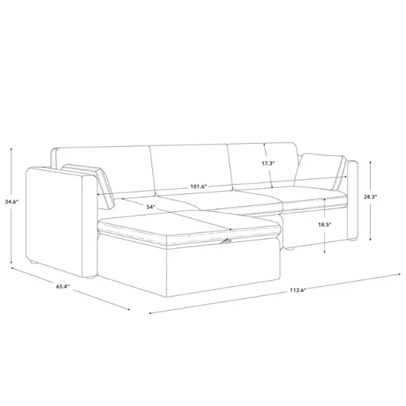 Beige modular four-piece sectional sofa with wide seats, soft chenille fabric, removable cushions, and built-in storage ottoman — ideal for modern and adaptable living room layouts.

