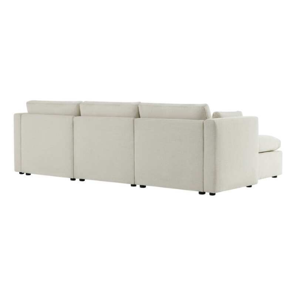 Beige modular four-piece sectional sofa with wide seats, soft chenille fabric, removable cushions, and built-in storage ottoman — ideal for modern and adaptable living room layouts.

