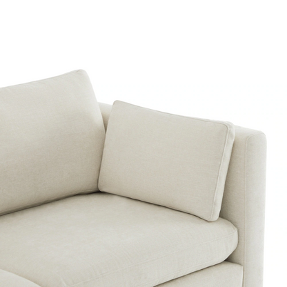 Beige five-piece modular sectional sofa with wide chenille-upholstered seats, two gas-lift storage ottomans, and reversible cushions — a modern and comfortable centerpiece for any living room.

