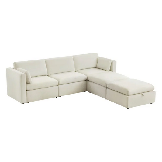 Beige five-piece modular sectional sofa with wide chenille-upholstered seats, two gas-lift storage ottomans, and reversible cushions — a modern and comfortable centerpiece for any living room.


