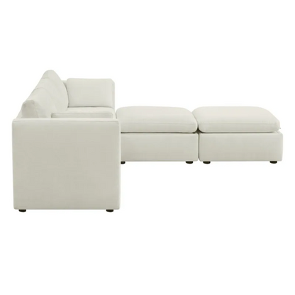 Beige five-piece modular sectional sofa with wide chenille-upholstered seats, two gas-lift storage ottomans, and reversible cushions — a modern and comfortable centerpiece for any living room.

