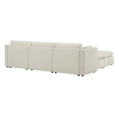Beige five-piece modular sectional sofa with wide chenille-upholstered seats, two gas-lift storage ottomans, and reversible cushions — a modern and comfortable centerpiece for any living room.

