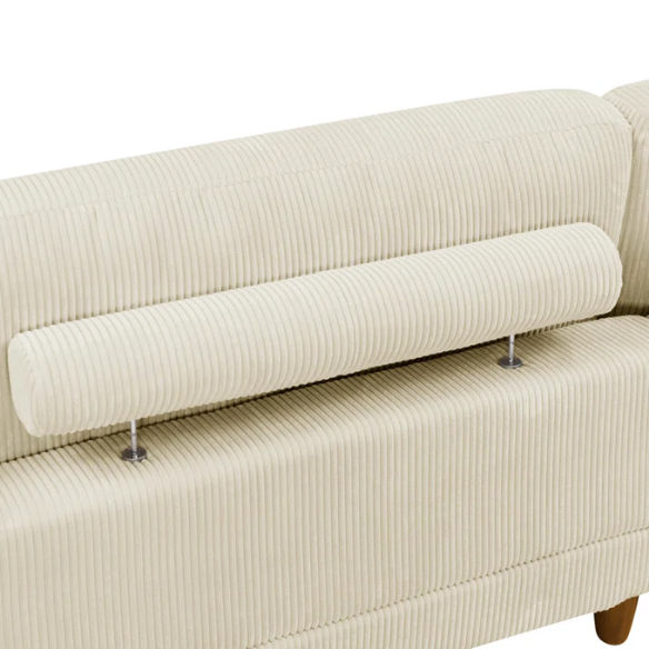 Beige modular sectional sofa with corduroy upholstery, removable cushions, and matching ottoman – seats six in a modern L-shaped or U-shaped layout with solid wood legs.

