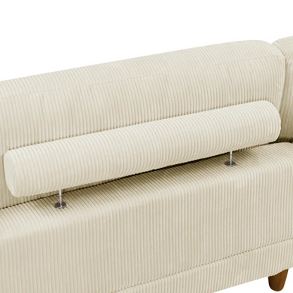 Beige modular sectional sofa with corduroy upholstery, removable cushions, and matching ottoman – seats six in a modern L-shaped or U-shaped layout with solid wood legs.

