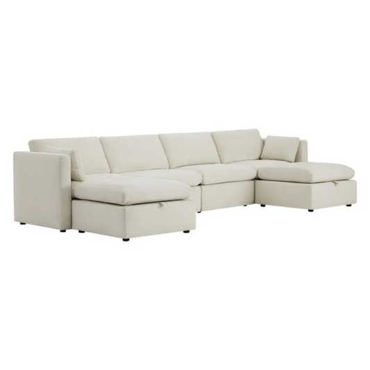 Beige six-piece modular sofa set featuring wide chenille-upholstered seats, two storage ottomans with gas-lift lids, and reversible cushions — ideal for contemporary, mid-century, or transitional interiors.

