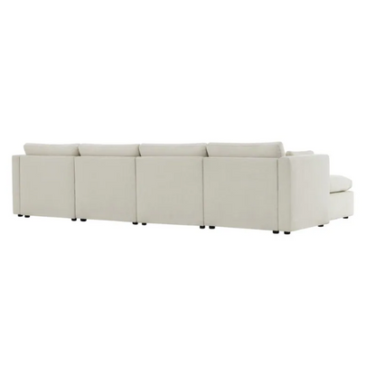 Beige six-piece modular sofa set featuring wide chenille-upholstered seats, two storage ottomans with gas-lift lids, and reversible cushions — ideal for contemporary, mid-century, or transitional interiors.

