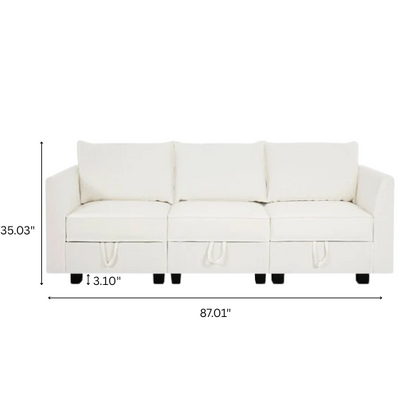 Cream white 3-piece modular sofa with built-in storage and deep seating, perfect for small apartments and modern living spaces.

