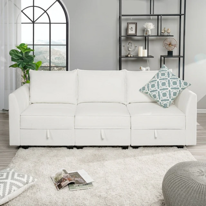 Cream white 3-piece modular sofa with built-in storage and deep seating, perfect for small apartments and modern living spaces.


