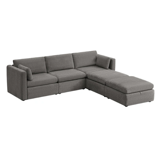 Dark grey five-piece modular sectional sofa with wide chenille-upholstered seats, two gas-lift storage ottomans, and reversible cushions — perfect for flexible and modern living spaces.

