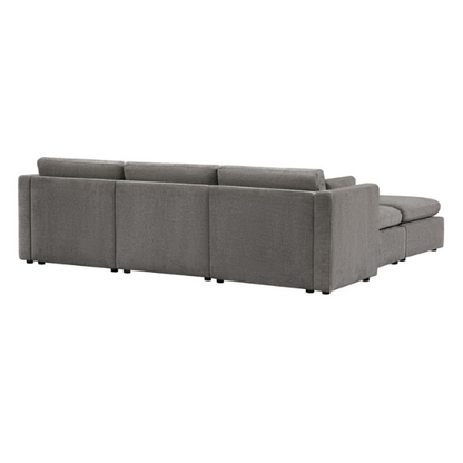 Dark grey five-piece modular sectional sofa with wide chenille-upholstered seats, two gas-lift storage ottomans, and reversible cushions — perfect for flexible and modern living spaces.

