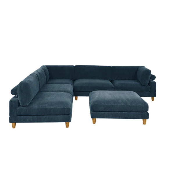 Deep teal modular sectional sofa with plush corduroy fabric, removable cushions, and a matching ottoman — seats six in flexible L- or U-shaped configurations.

