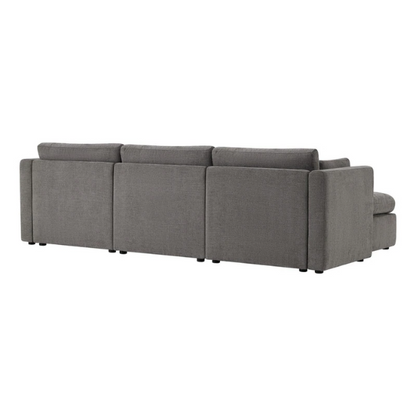 Grey four-piece modular sofa set with wide seats, soft chenille upholstery, removable cushions, and a storage ottoman — ideal for modern, versatile living spaces.


