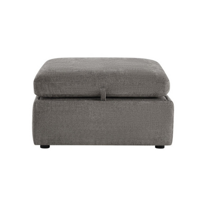 Grey four-piece modular sofa set with wide seats, soft chenille upholstery, removable cushions, and a storage ottoman — ideal for modern, versatile living spaces.


