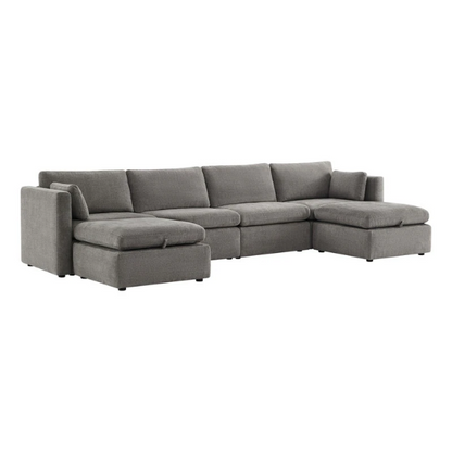 Grey six-piece modular sofa set with wide chenille-upholstered seats, two gas-lift storage ottomans, and plush reversible cushions — perfect for modern or transitional interiors.

