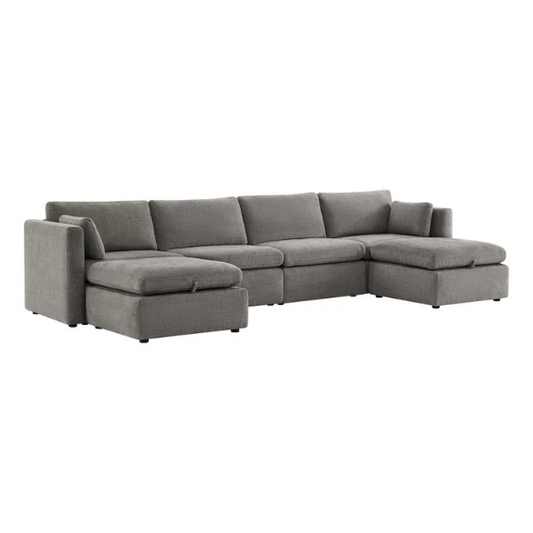 Grey six-piece modular sofa set with wide chenille-upholstered seats, two gas-lift storage ottomans, and plush reversible cushions — perfect for modern or transitional interiors.

