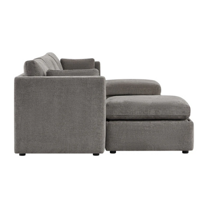 Grey six-piece modular sofa set with wide chenille-upholstered seats, two gas-lift storage ottomans, and plush reversible cushions — perfect for modern or transitional interiors.

