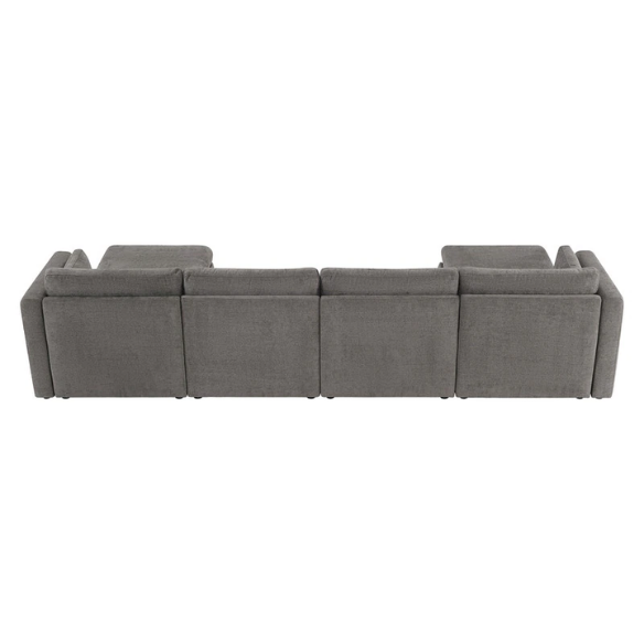 Grey six-piece modular sofa set with wide chenille-upholstered seats, two gas-lift storage ottomans, and plush reversible cushions — perfect for modern or transitional interiors.

