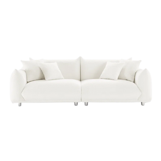 88.9-inch cream white upholstered sofa with chrome legs, deep seating, rounded arms, and four matching accent pillows, ideal for modern or minimalist interiors.

