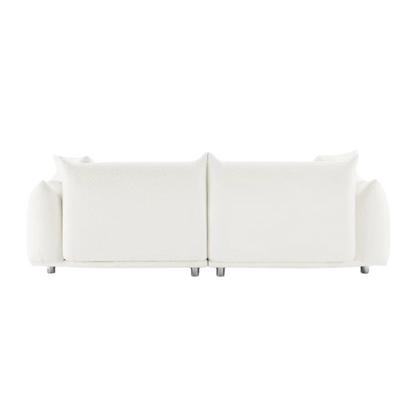88.9-inch cream white upholstered sofa with chrome legs, deep seating, rounded arms, and four matching accent pillows, ideal for modern or minimalist interiors.

