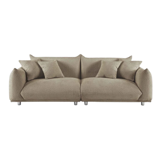 88.9-inch taupe upholstered modern sofa with chrome legs, deep seating, rounded arms, and four matching accent pillows, ideal for contemporary living rooms or home offices.

