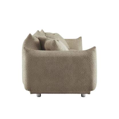 88.9-inch taupe upholstered modern sofa with chrome legs, deep seating, rounded arms, and four matching accent pillows, ideal for contemporary living rooms or home offices.

