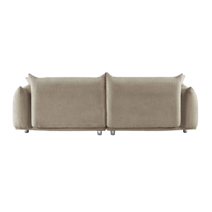 88.9-inch taupe upholstered modern sofa with chrome legs, deep seating, rounded arms, and four matching accent pillows, ideal for contemporary living rooms or home offices.

