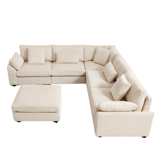 Modular beige corduroy sectional sofa with reversible L-shaped configuration, removable cushions, and soft high-density foam seating — ideal for modern or classic interiors.

