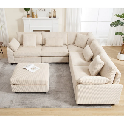 Modular beige corduroy sectional sofa with reversible L-shaped configuration, removable cushions, and soft high-density foam seating — ideal for modern or classic interiors.

