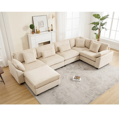 Modular beige corduroy sectional sofa with reversible L-shaped configuration, removable cushions, and soft high-density foam seating — ideal for modern or classic interiors.

