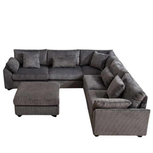 Modular grey corduroy sectional sofa with reversible L-shaped configuration, soft removable cushions, and high-density foam seating — perfect for modern living rooms.

