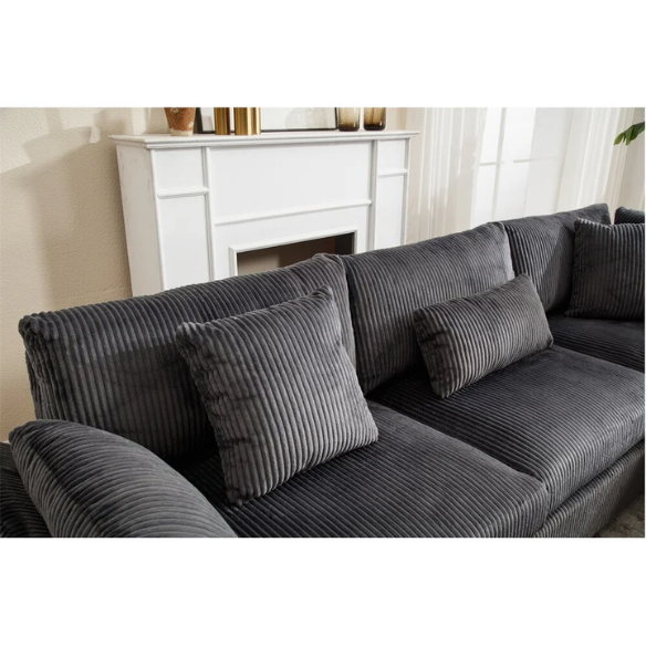 Modular grey corduroy sectional sofa with reversible L-shaped configuration, soft removable cushions, and high-density foam seating — perfect for modern living rooms.

