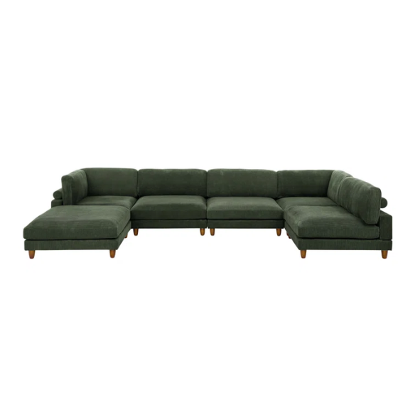 Olive drab green modular sectional sofa with soft corduroy upholstery, removable cushions, and matching ottoman — seats six with L-shaped or U-shaped layout options.

