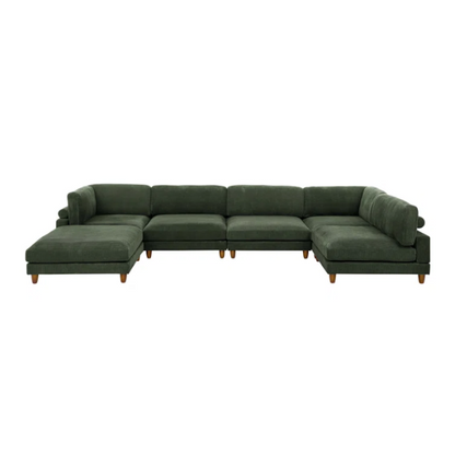 Olive drab green modular sectional sofa with soft corduroy upholstery, removable cushions, and matching ottoman — seats six with L-shaped or U-shaped layout options.

