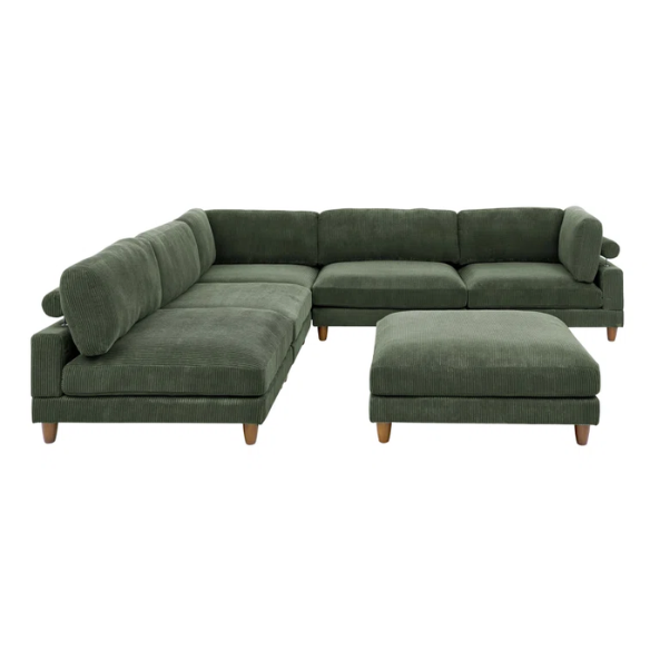 Olive drab green modular sectional sofa with soft corduroy upholstery, removable cushions, and matching ottoman — seats six with L-shaped or U-shaped layout options.


