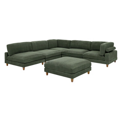 Olive drab green modular sectional sofa with soft corduroy upholstery, removable cushions, and matching ottoman — seats six with L-shaped or U-shaped layout options.

