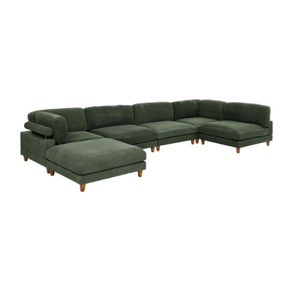 Olive drab green modular sectional sofa with soft corduroy upholstery, removable cushions, and matching ottoman — seats six with L-shaped or U-shaped layout options.

