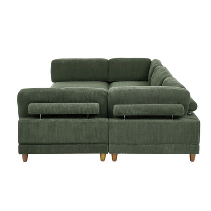 Olive drab green modular sectional sofa with soft corduroy upholstery, removable cushions, and matching ottoman — seats six with L-shaped or U-shaped layout options.

