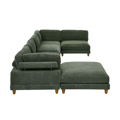 Olive drab green modular sectional sofa with soft corduroy upholstery, removable cushions, and matching ottoman — seats six with L-shaped or U-shaped layout options.

