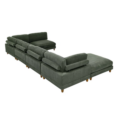 Olive drab green modular sectional sofa with soft corduroy upholstery, removable cushions, and matching ottoman — seats six with L-shaped or U-shaped layout options.

