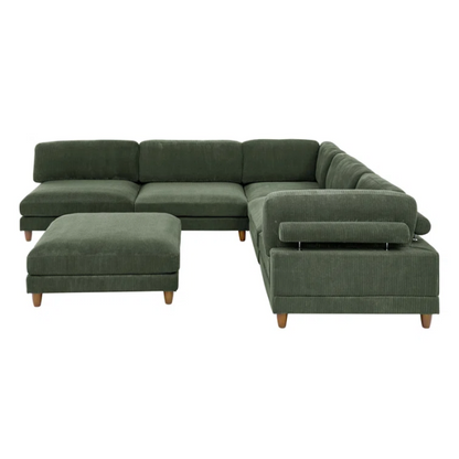 Olive drab green modular sectional sofa with soft corduroy upholstery, removable cushions, and matching ottoman — seats six with L-shaped or U-shaped layout options.

