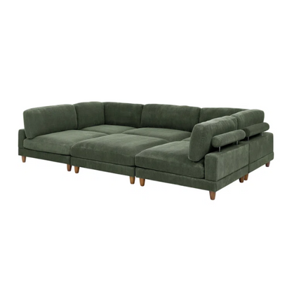 Olive drab green modular sectional sofa with soft corduroy upholstery, removable cushions, and matching ottoman — seats six with L-shaped or U-shaped layout options.

