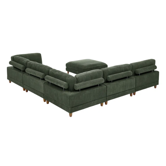 Olive drab green modular sectional sofa with soft corduroy upholstery, removable cushions, and matching ottoman — seats six with L-shaped or U-shaped layout options.

