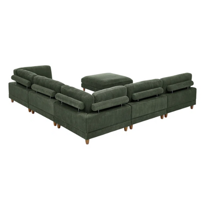 Olive drab green modular sectional sofa with soft corduroy upholstery, removable cushions, and matching ottoman — seats six with L-shaped or U-shaped layout options.

